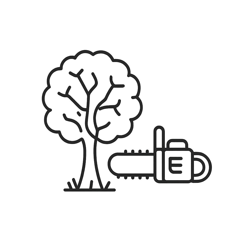 A tree and a chainsaw in a linear style against a gray background.